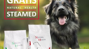 Gratis Natural Health steam bij een zak Natural Health droogvoer hond 2 kilo
